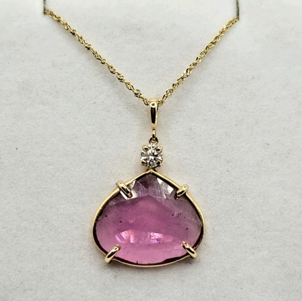 Natural Pink Tourmaline and Diamond Pendant 10k solid yellow gold 4.56ct